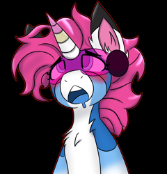 Size: 1967x2048 | Tagged: safe, artist:askhypnoswirl, oc, oc only, pony, unicorn, bipedal, black background, chest fluff, drool, ear fluff, female, hypnogear, mare, open mouth, simple background, solo, swirly eyes