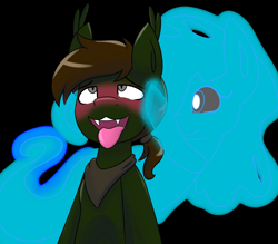 Size: 2048x1795 | Tagged: safe, artist:askhypnoswirl, oc, oc only, bat pony, ghost, ghost pony, pony, undead, black background, black sclera, blushing, ear tufts, eyes rolling back, fangs, female, male, mare, ponytail, shawl, simple background, smiling, solo, stallion, tongue out