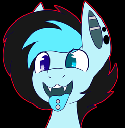 Size: 2008x2048 | Tagged: safe, artist:askhypnoswirl, oc, oc only, pony, black background, color outline, ear piercing, eye clipping through hair, fangs, heterochromia, high res, male, open mouth, piercing, simple background, solo, stallion, tongue out, tongue piercing