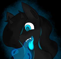 Size: 2048x1976 | Tagged: safe, artist:askhypnoswirl, oc, oc only, demon, demon pony, pony, black background, blue eyes, colored tongue, female, hair over one eye, horns, mare, open mouth, simple background, solo, soul vore, vore