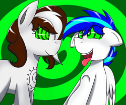 Size: 2048x1715 | Tagged: safe, artist:askhypnoswirl, oc, oc only, earth pony, pegasus, pony, cute, cute little fangs, eye clipping through hair, fangs, female, floppy ears, folded wings, hypno eyes, hypnosis, hypnotized, kaa eyes, looking into each others eyes, male, mare, open mouth, simple background, solo, stallion, swirls, tongue out, wings