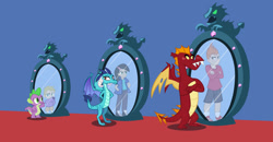 Size: 1600x832 | Tagged: safe, artist:magerblutooth, garble, princess ember, spike, dragon, human, g4, arm behind back, commission, crossed arms, human counterpart, humanized, mirror, story included