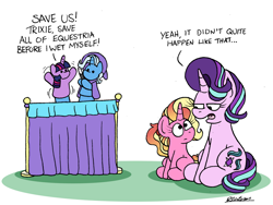 Size: 1024x768 | Tagged: safe, artist:bobthedalek, luster dawn, starlight glimmer, trixie, twilight sparkle, pony, unicorn, atg 2022, cute, dialogue, diatrixes, female, filly, foal, glimmerbetes, inconvenient trixie, luster dawn is starlight's and sunburst's daughter, lusterbetes, magic wand, mare, mother and child, mother and daughter, newbie artist training grounds, older, older starlight glimmer, puppet, simple background, sitting, twiabetes, unamused, wand, white background