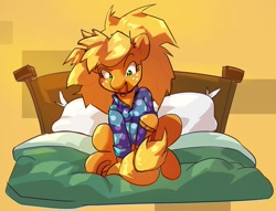 Size: 1903x1455 | Tagged: safe, artist:applephil, applejack, earth pony, pony, g4, bed, bed mane, clothes, female, hair tie, mare, messy mane, mouth hold, pajamas, sitting, solo, tail tie