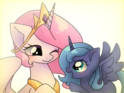 Size: 2006x1515 | Tagged: safe, artist:namaenonaipony, princess celestia, princess luna, alicorn, pony, bust, cute, duo, duo female, female, filly, foal, horn, jewelry, looking at each other, looking at someone, mare, one eye closed, open mouth, open smile, pink-mane celestia, profile, raised hoof, regalia, simple background, smiling, spread wings, white background, wings, woona, younger