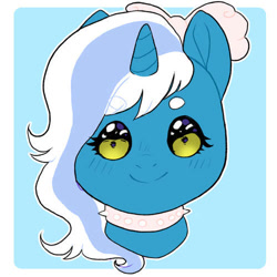 Size: 500x500 | Tagged: safe, artist:milaventuraart, oc, oc:fleurbelle, alicorn, pony, alicorn oc, blue background, blushing, bow, collar, female, hair bow, horn, looking at you, mare, simple background, smiling, solo, wings, yellow eyes