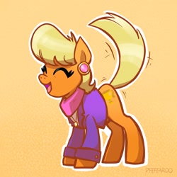 Size: 2048x2048 | Tagged: safe, artist:pfeffaroo, ms. harshwhinny, earth pony, pony, g4, clothes, cute, ear piercing, eyes closed, female, happy, high res, mare, ms. cutewhinny, open mouth, open smile, piercing, smiling, solo, tail, tail twirl
