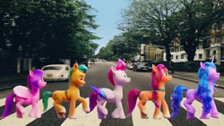 Size: 1365x768 | Tagged: safe, edit, edited screencap, screencap, hitch trailblazer, izzy moonbow, pipp petals, sunny starscout, zipp storm, earth pony, pegasus, pony, unicorn, g5, my little pony: a new generation, spoiler:my little pony: a new generation, abbey road, female, fit right in (g5), irl, izzy is tol, male, mane five, mare, parody, photo, pipp is short, ponies in real life, stallion, the beatles, walking