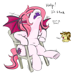 Size: 566x567 | Tagged: safe, artist:jargon scott, oc, oc only, oc:arrhythmia, oc:java chip, bat pony, pony, unicorn, bat pony oc, butt, chair, chubby, dialogue, duo, eyes closed, fangs, female, horn, laughing, mare, nose in the air, open mouth, open smile, plot, pointing, raised hoof, simple background, smiling, spread wings, stuck, the ass was too fat, underhoof, white background, wings
