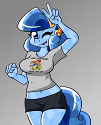 Size: 993x1227 | Tagged: safe, artist:whatsapokemon, oc, oc only, oc:heart song, crystal pony, anthro, clothes, female, garfield, midriff, one eye closed, peace sign, shirt, shorts, solo, t-shirt, wink