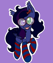 Size: 1707x2048 | Tagged: safe, artist:anxioussartist, oc, oc only, oc:shadow twinkle, bat pony, pony, :p, clothes, cute, fangs, femboy, glasses, heterochromia, male, outline, purple background, round glasses, simple background, socks, solo, striped socks, tongue out, white outline