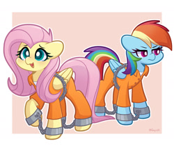 Size: 2000x1676 | Tagged: safe, artist:goyini01, fluttershy, rainbow dash, pegasus, pony, g4, bound wings, chained, clothes, commission, commissioner:rainbowdash69, cuffs, duo, frustrated, grin, jumpsuit, nervous, nervous smile, never doubt rainbowdash69's involvement, prison outfit, prisoner ft, prisoner rd, raised hoof, shackles, shirt, smiling, teary eyes, undershirt, wings