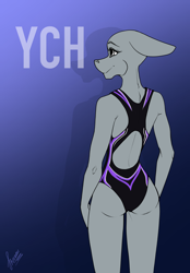 Size: 1640x2360 | Tagged: safe, artist:stirren, anthro, clothes, commission, ears back, female, looking sideways, one-piece swimsuit, pinup, sports swimsuit, standing, swimsuit, your character here