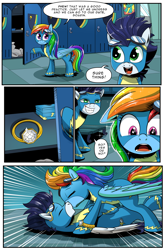 Size: 1800x2740 | Tagged: safe, artist:nauyaco, rainbow dash, soarin', pegasus, pony, g4, clothes, comic, duo, engagement ring, female, grin, kissing, lockers, male, marriage proposal, ship:soarindash, shipping, smiling, straight, uniform, wonderbolts uniform