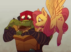 Size: 3060x2240 | Tagged: safe, artist:kai polosatiy, fluttershy, pegasus, pony, snapping turtle, turtle, crossover, cute, flying, raphael, rise of the teenage mutant ninja turtles, teenage mutant ninja turtles