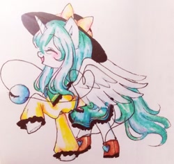 Size: 650x614 | Tagged: safe, artist:一般路过恋猹, alicorn, pony, clothes, crossover, cute, female, happy, hat, komeiji koishi, mare, ponified, skirt, smiling, touhou