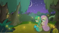 Size: 1280x720 | Tagged: safe, artist:featherfall, derpibooru exclusive, fluttershy, oc, oc:firefly glimmer, firefly (insect), insect, pegasus, pony, g4, duo, duo female, female, forest, mare, moon, night, pegasus oc