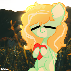 Size: 2000x2000 | Tagged: safe, artist:arche, oc, oc only, oc:pop mint, pegasus, pony, eyes closed, heart, high res, markings, pegasus oc, real life background, solo