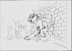 Size: 3430x2455 | Tagged: safe, artist:alumx, earth pony, pony, brick wall, female, grayscale, high res, monochrome, oh yeah, running, sketch, solo focus, tree