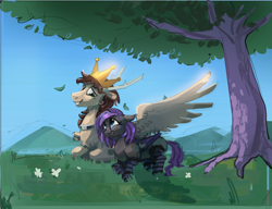 Size: 3261x2508 | Tagged: safe, artist:alumx, oc, oc only, earth pony, pegasus, pony, antlers, clothes, crown, duo, duo male and female, female, high res, jewelry, lying down, male, oc x oc, prone, regalia, shipping, socks, spread wings, straight, striped socks, tree, wings