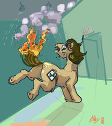Size: 3409x3808 | Tagged: safe, artist:alumx, oc, oc only, earth pony, pony, exit, fire, high res, male, smoke, solo, sprinkler, stallion, tail, tail on fire, underhoof