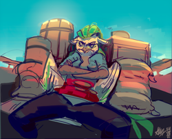 Size: 3385x2741 | Tagged: safe, artist:alumx, parrot pirates, anthro, crossed arms, frown, high res, pirate, sitting, solo