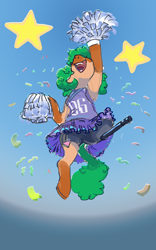 Size: 2702x4326 | Tagged: safe, artist:alumx, oc, oc only, oc:heartspring, earth pony, pony, amputee, cheerleader, cheerleader outfit, clothes, female, high res, mare, nose in the air, open mouth, open smile, pom pom, prosthetic leg, prosthetic limb, prosthetics, smiling, solo