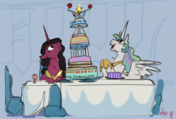 Size: 3128x2118 | Tagged: safe, artist:alumx, princess celestia, oc, alicorn, pony, g4, alicorn oc, cake, cakelestia, cute, cutelestia, duo, female, food, high res, horn, looking up, mare, open mouth, open smile, sitting, smiling, table, wings