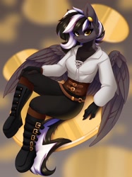 Size: 1535x2048 | Tagged: safe, artist:alphadesu, oc, oc only, oc:zephyr, oc:zephyrai, pegasus, anthro, accessory, belt, black and white mane, blurry background, breasts, clothes, coin, collarbone, eyelashes, eyeliner, eyeshadow, floating, full body, gray coat, hand on knee, hand on leg, high res, knee-high boots, looking at you, makeup, pants, platform boots, sitting, smiling, solo, spread wings, steampunk, string, white shirt, wings, yellow eyes