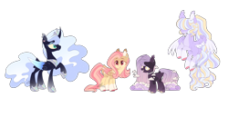 Size: 4844x2500 | Tagged: safe, artist:queenofderpyness, fluttershy, princess luna, oc, oc:lavender dream, oc:overcast slumber, alicorn, pegasus, pony, g4, alicorn oc, alternate design, choker, closed mouth, clothes, colored hooves, colored pupils, colored sclera, colored wings, colored wingtips, crown, curved horn, cute, cute little fangs, ear freckles, ear piercing, ear tufts, earring, ethereal mane, ethereal tail, eyeshadow, family, fangs, female, flying, folded wings, freckles, gradient legs, gradient mane, gradient tail, gradient wings, hair over eyes, hoof polish, hoof shoes, horn, jewelry, leg freckles, lesbian, lightly watermarked, long mane, long tail, magenta eyes, magical lesbian spawn, makeup, mare, mother and child, multicolored wings, offspring, pale belly, parent:fluttershy, parent:princess luna, parents:lunashy, partially open wings, pegasus oc, peytral, piercing, ponytail, princess shoes, raised hoof, regalia, ship:lunashy, shipping, simple background, smiling, socks, sparkly mane, sparkly tail, standing, tail, tail feathers, teal eyes, tiara, transparent background, turned head, watermark, white eyes, white-haired luna, wing freckles, wings, yellow sclera