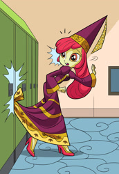 Size: 1755x2554 | Tagged: safe, artist:art-2u, edit, apple bloom, human, equestria girls, g4, clothes, costume, cropped, dress, female, hat, hennin, high heels, lockers, long sleeves, princess, princess apple bloom, scene interpretation, shoes, solo, struggling, stuck, trapped