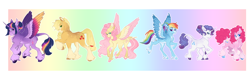 Size: 9500x2933 | Tagged: safe, artist:thegoogs, applejack, fluttershy, pinkie pie, rainbow dash, rarity, twilight sparkle, alicorn, classical unicorn, earth pony, pegasus, pony, unicorn, g4, alternate hairstyle, cloven hooves, colored wings, ethereal mane, feathered fetlocks, female, gradient background, gradient wings, hooves, horn, leonine tail, mane six, mare, multicolored hooves, rainbow background, spread wings, starry mane, tail, tail feathers, twilight sparkle (alicorn), unshorn fetlocks, wings