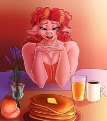 Size: 1822x2048 | Tagged: safe, artist:unfinishedheckery, pinkie pie, earth pony, anthro, g4, bedroom eyes, breakfast in bed, breasts, busty pinkie pie, clothes, coffee, coffee mug, digital art, female, floppy ears, flower, food, juice, looking at you, mug, offscreen character, open mouth, orange juice, pancakes, peach, pov, shirt, solo