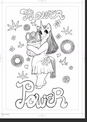 Size: 1124x1583 | Tagged: safe, artist:unfinishedheckery, oc, oc only, unicorn, semi-anthro, arm hooves, clothes, cloven hooves, digital art, dress, flower, horn, lineart, monochrome, solo, standing, tail