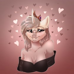 Size: 2048x2048 | Tagged: safe, artist:unfinishedheckery, oc, oc only, unicorn, anthro, bedroom eyes, breasts, clothes, commission, crown, digital art, female, heart, high res, horn, jewelry, regalia, shirt, solo, unicorn oc