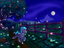 Size: 2000x1500 | Tagged: safe, artist:lightningchaserarts, bloomberg, oc, oc:huntsvillerailfan, oc:lunar signal, bat pony, bat pony unicorn, firefly (insect), hybrid, insect, pony, unicorn, apple, apple orchard, apple tree, commission, digital art, fence, food, horn, mare in the moon, meadow, moon, night, orchard, scenery, solo, stars, sweet apple acres, tree