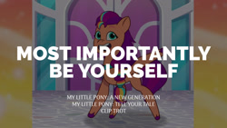 Size: 1280x720 | Tagged: safe, edit, edited screencap, editor:quoterific, screencap, sunny starscout, earth pony, pony, clip trot, g5, my little pony: tell your tale, spoiler:g5, spoiler:my little pony: tell your tale, spoiler:tyts01e07, female, mane stripe sunny, mare, open mouth, open smile, smiling, solo, text