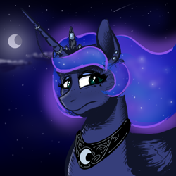 Size: 2000x2000 | Tagged: safe, artist:oldman, princess luna, alicorn, pony, g4, glowing, glowing hair, high res, horn, horn jewelry, jewelry, moon, night, simple background, sketch, solo, stars, wings