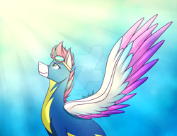 Size: 1920x1477 | Tagged: safe, artist:shadowsofazura, zipp storm, pegasus, pony, g5, clothes, colored wings, crepuscular rays, deviantart watermark, female, goggles on head, looking up, mare, multicolored wings, obtrusive watermark, profile, signature, smiling, solo, spread wings, sunlight, uniform, watermark, wings, wonderbolts uniform