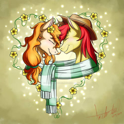 Size: 1024x1024 | Tagged: safe, artist:shadowsofazura, bright mac, pear butter, earth pony, pony, g4, bust, clothes, deviantart watermark, eyes closed, female, flower, male, mare, obtrusive watermark, scarf, shared clothing, shared scarf, ship:brightbutter, shipping, signature, smiling, stallion, straight, striped scarf, watermark