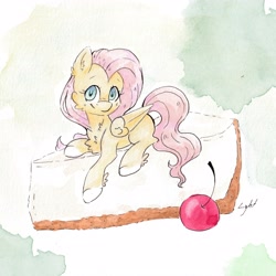 Size: 3755x3755 | Tagged: safe, artist:lightisanasshole, fluttershy, pegasus, pony, g4, cake, cheesecake, cherry, chest fluff, cute, female, food, high res, looking at you, lying down, mare, missing cutie mark, ponies in food, prone, shyabetes, smiling, smiling at you, solo, traditional art, watercolor painting
