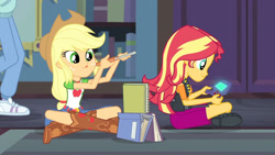 Size: 3410x1920 | Tagged: safe, screencap, applejack, sci-twi, sunset shimmer, twilight sparkle, human, equestria girls, g4, my little pony equestria girls: better together, the finals countdown, :p, applejack's hat, belt, book, boots, clothes, cowboy boots, cowboy hat, cutie mark on clothes, denim, denim skirt, duo, duo female, duo focus, female, geode of empathy, geode of super strength, hat, high res, jewelry, leather, leather vest, magical geodes, necklace, shoes, skirt, smiling, tongue out, vest