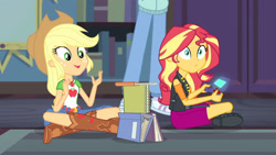 Size: 3410x1920 | Tagged: safe, screencap, applejack, sci-twi, sunset shimmer, twilight sparkle, human, equestria girls, g4, my little pony equestria girls: better together, the finals countdown, applejack's hat, belt, book, boots, clothes, cowboy boots, cowboy hat, cutie mark on clothes, denim, denim skirt, duo, duo female, duo focus, female, geode of empathy, geode of super strength, hat, high res, jewelry, leather, leather vest, magical geodes, necklace, open mouth, open smile, shoes, skirt, smiling, vest