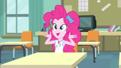 Size: 3410x1920 | Tagged: safe, screencap, pinkie pie, human, equestria girls, g4, my little pony equestria girls: better together, the finals countdown, canterlot high, clothes, crt, cute, cutie mark on clothes, desk, diapinkes, female, geode of sugar bombs, high res, jewelry, magical geodes, necklace, open mouth, open smile, smiling, solo, tank top, television