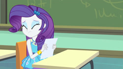 Size: 3410x1920 | Tagged: safe, screencap, rarity, human, equestria girls, g4, my little pony equestria girls: better together, the finals countdown, canterlot high, chalkboard, clothes, cutie mark on clothes, eyes closed, female, geode of shielding, hairpin, high res, magical geodes, rarity peplum dress, solo