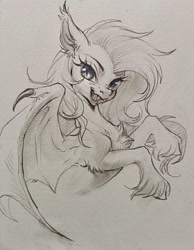 Size: 1698x2192 | Tagged: safe, artist:paipaishuaige, fluttershy, bat pony, pony, g4, bat ponified, chest fluff, ear fluff, fangs, fluffy, flutterbat, looking at you, monochrome, open mouth, race swap, rearing, traditional art, unshorn fetlocks