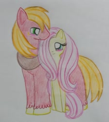 Size: 1014x1133 | Tagged: safe, artist:mileyfashon, big macintosh, fluttershy, earth pony, pegasus, pony, g4, blush sticker, blushing, female, hair over one eye, height difference, looking at each other, looking at someone, male, mare, ship:fluttermac, shipping, smiling, smiling at each other, stallion, straight, traditional art