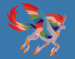 Size: 1093x868 | Tagged: safe, artist:traceofstardust, rainbow dash, alicorn, pony, g4, alicornified, blue background, butt, colored wings, crown, female, flying, hoof shoes, horn, jewelry, looking at you, mare, multicolored wings, plot, princess, race swap, rainbow wings, rainbowcorn, regalia, shoes, simple background, smiling, solo, winged shoes, wings