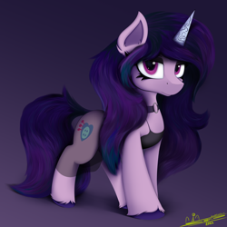 Size: 4000x4000 | Tagged: safe, artist:ser-p, izzy moonbow, pony, unicorn, g5, absurd resolution, clothes, dress, female, goth, goth izzy, gradient background, looking at you, mare, shadow, signature, solo