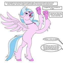 Size: 1280x1280 | Tagged: safe, artist:termyotter, silverstream, classical hippogriff, hippogriff, g4, atg 2022, dialogue, dramatic, female, jewelry, necklace, newbie artist training grounds, offscreen character, simple background, solo, speech bubble, stairs, talons, that hippogriff sure does love stairs, white background